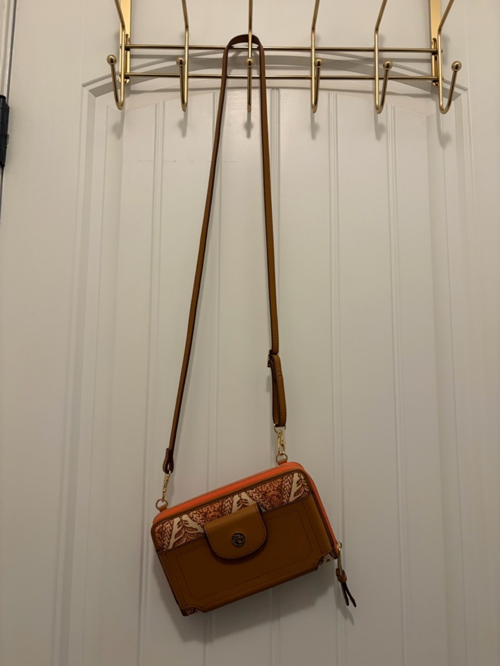 Spartina Leather Crossbody Wallet Bag in Cognac with Orange Trim